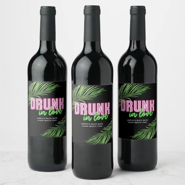 Drunk In Love Neon Green & Pink Tropical Bach Wine Label (Bottles)
