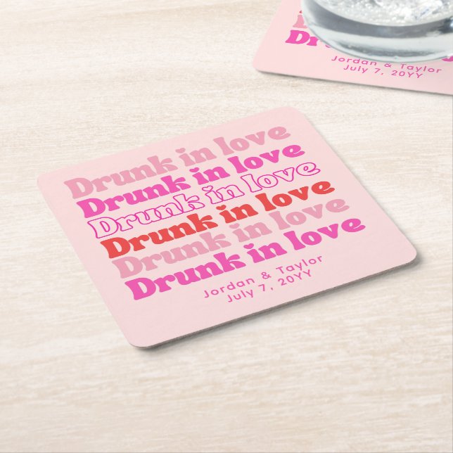 Drunk in Love Personalised Retro Pink Wedding Square Paper Coaster (Angled)