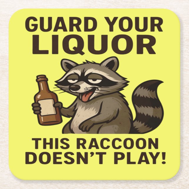 Drunk Racoon Square Paper Coaster (Front)