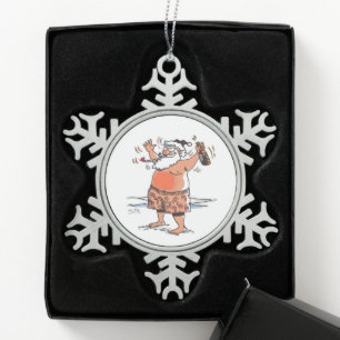 Drunk Santa pewter snowflake Christmas ornament