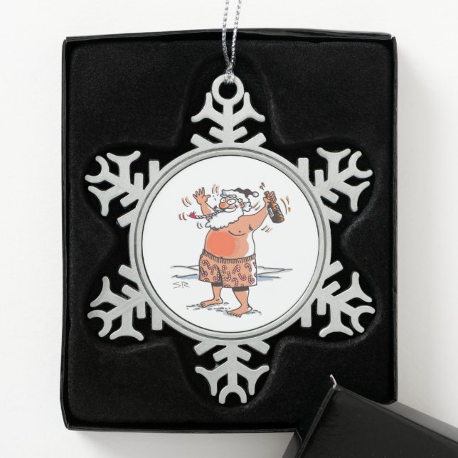 Drunk Santa pewter snowflake Christmas ornament (Box)