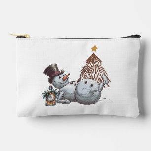 Drunk snowman with a bottle of whiskey. accessory pouch