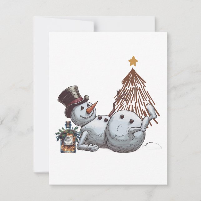 Drunk snowman with a bottle of whiskey. card (Front)
