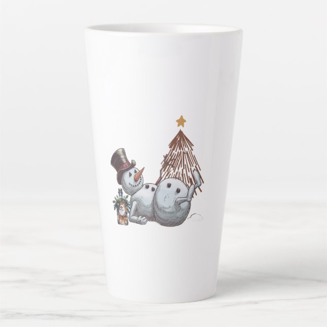 Drunk snowman with a bottle of whiskey. latte mug (Front)
