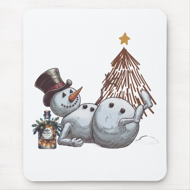 Drunk snowman with a bottle of whiskey. mouse mat (Front)