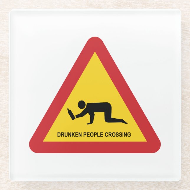 DRUNKEN PEOPLE CROSSING TRAFFIC SIGN GLASS COASTER (Front)