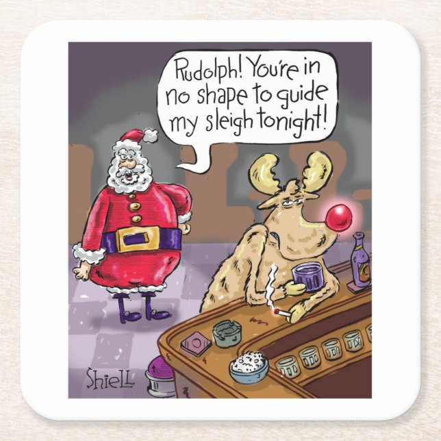 Drunken Rudolph the Red Nosed Reindeer  Square Paper Coaster (Front)