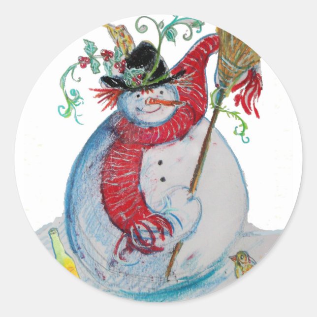 DRUNKEN SNOWMAN CLASSIC ROUND STICKER (Front)