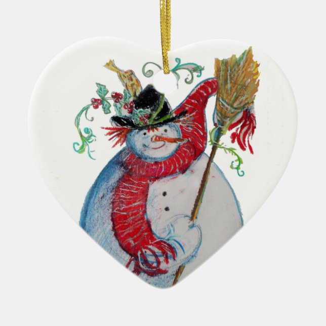 DRUNKEN SNOWMAN Winter Holiday Party Heart Ceramic Tree Decoration (Front)