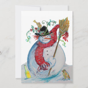 DRUNKEN SNOWMAN WITH BIRDS WINTER HOLIDAY GREETING CARD