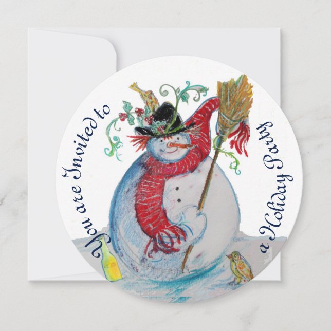 DRUNKEN SNOWMAN WITH BIRDS WINTER HOLIDAY PARTY INVITATION (Front)
