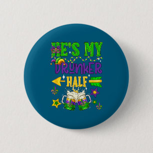 Drunker half mardi gras couple drinking beer 6 cm round badge