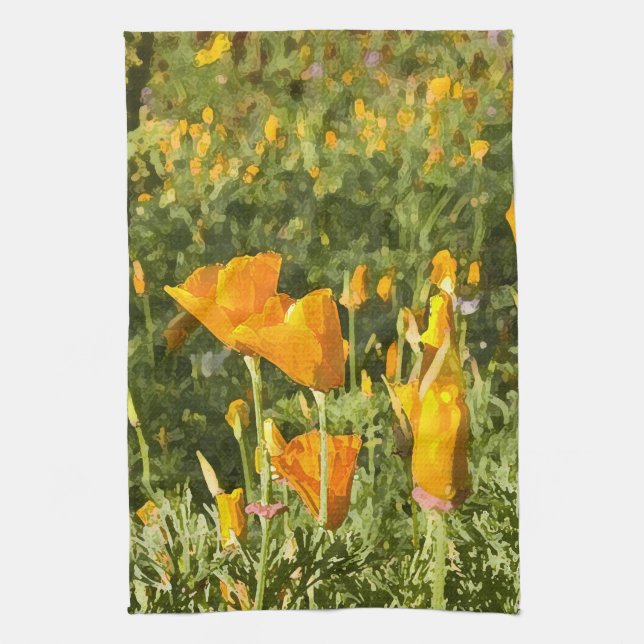 Dry Brush Effect on California Poppy Photograph Tea Towel (Vertical)