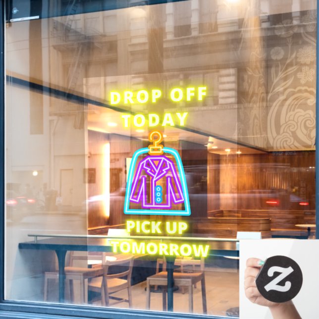 Dry Cleaners Drop Off Pickup Tomorrow Faux Neon Window Cling (Cafe Window)