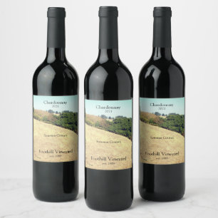 Dry hills with trees wine label