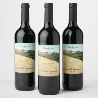 Dry hills with trees wine label