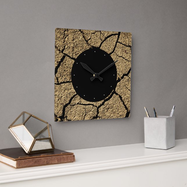 Dry land with cracked earth in drought square wall clock (Office)