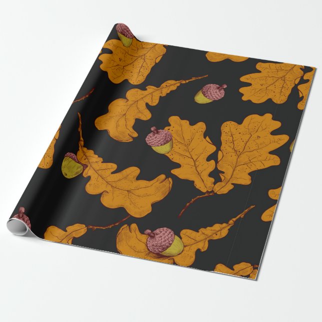 Dry oak leaves and acorns. Hand drawn seamless pat Wrapping Paper (Unrolled)