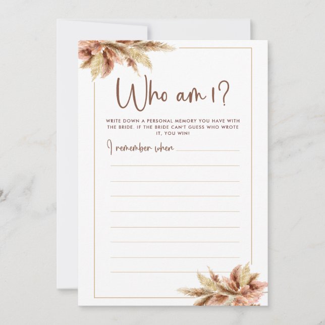 Dry Pampas Grass Who Am I Bridal Shower Game Card (Front)