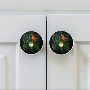 Dryad Green Leaves Butterfly Ceramic Knob