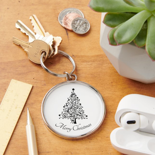 Dual Black and White Minimalistic Christmas Trees Key Ring (Desk)