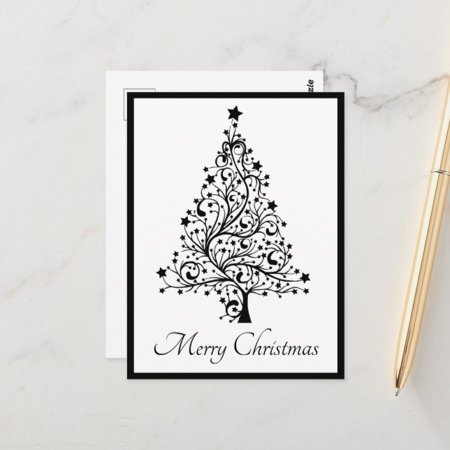 Dual Black and White Minimalistic Christmas Trees Postcard (Front/Back In Situ)