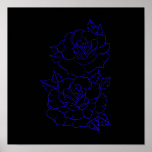 Dual Blue Rose Line Art Tattoo Design Poster