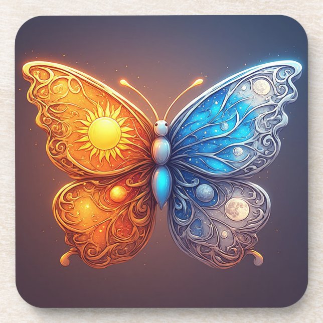 Dual-Coloured Butterfly Over Bright Sun Coaster (Front)