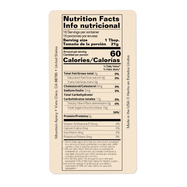 Dual English/Spanish Honey Nutrition Facts Product (Front)