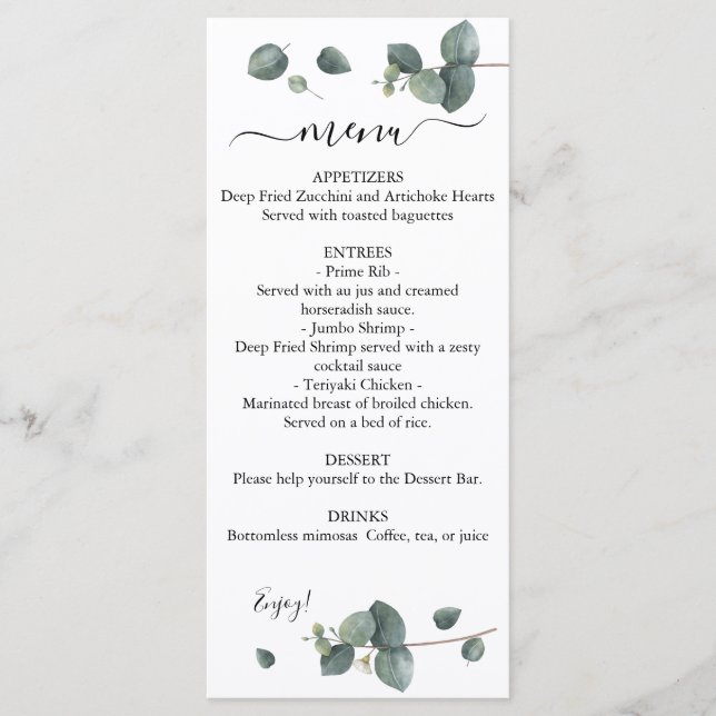 Dual Eucalyptus Greenery Wedding Menu (Front)