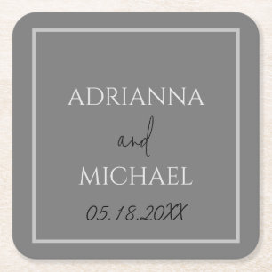 Dual Grey Wedding Couple's Name and Date White Square Paper Coaster