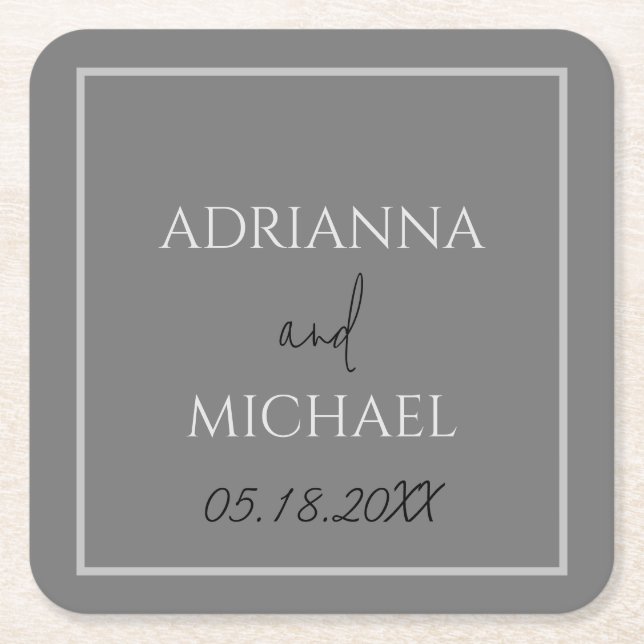 Dual Grey Wedding Couple's Name and Date White Square Paper Coaster (Front)