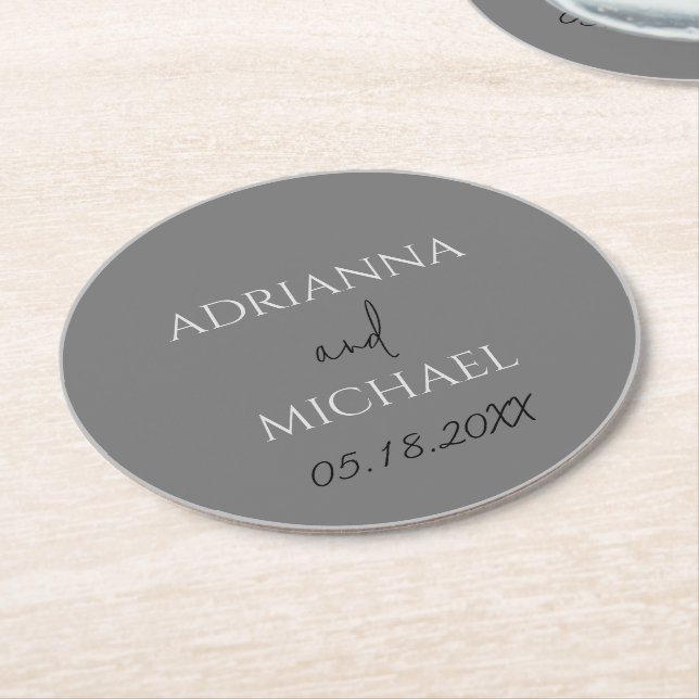 Dual Grey Wedding Couple's Name & Date Circle Round Paper Coaster (Angled)
