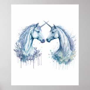 Dual Harmony: Two Unicorns in Watercolor Poster
