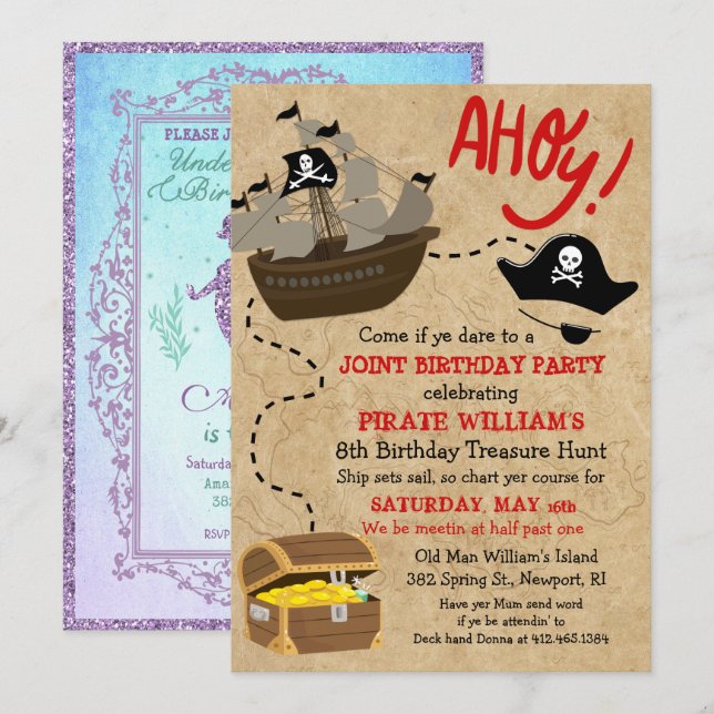 DUAL INVITE - Pirate and Mermaid Birthday Invite (Front/Back)