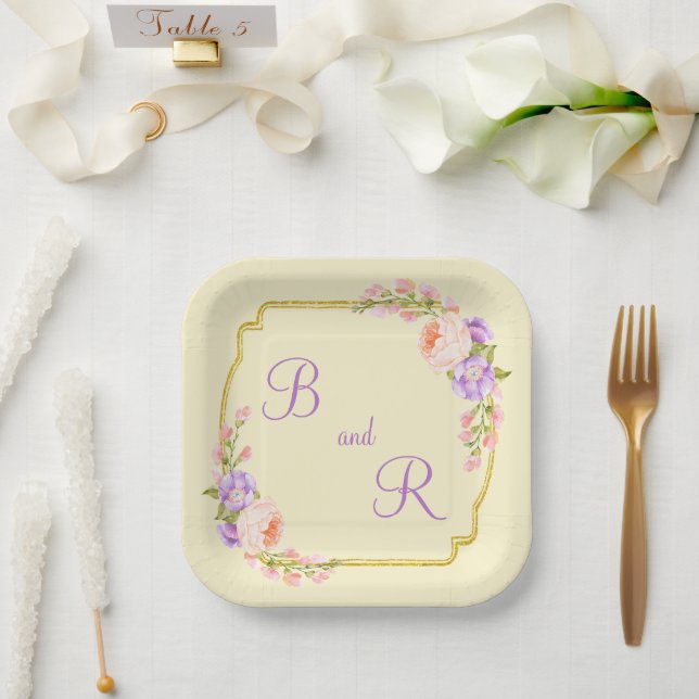 Dual Monogram Flower Frame Casual Wedding  Paper Plate (Wedding)