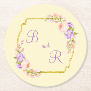 Dual Monogram Initial Gold Frame w Flower Laurels Round Paper Coaster