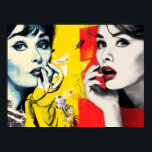 Dual pop art portrait  poster<br><div class="desc">Two women are depicted in a vibrant,  pop art style,  one in shades of blue and yellow and the other in grayscale with bold red lipstick. The background features a mix of abstract patterns in red and yellow tones.</div>