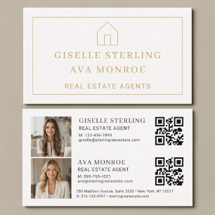 Dual Real Estate Agent Neutral QR Code Two Photo Business Card