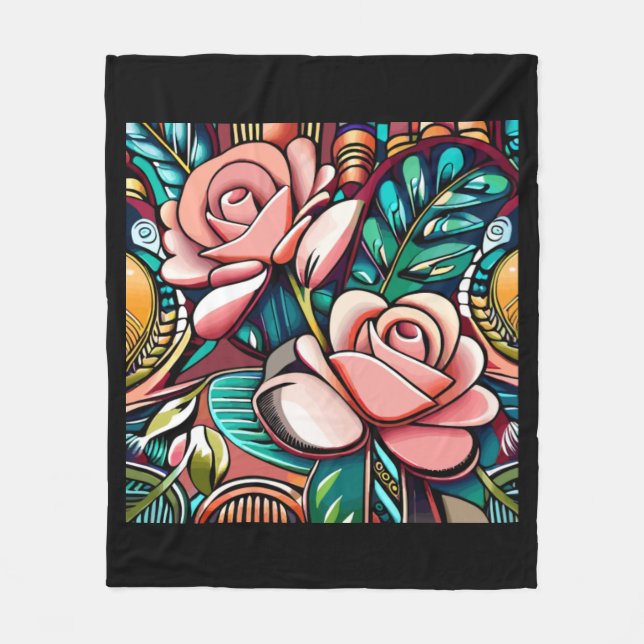 Dual Roses: A Patterned Floral Arrangement Fleece Blanket (Front)