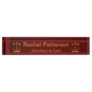 Dual Scales of Justice on Rustic Red Leather Nameplate