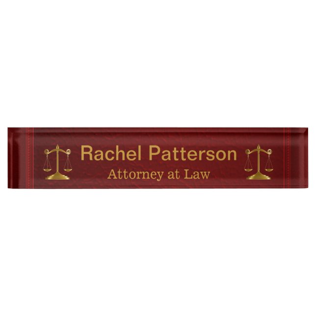 Dual Scales of Justice on Rustic Red Leather Nameplate (Front)