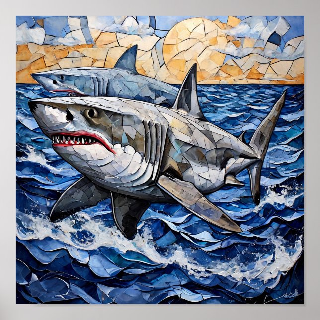 Dual Shark Mosaic Ocean Wall Art | 🦈🎨🌊✨🌌 (Front)