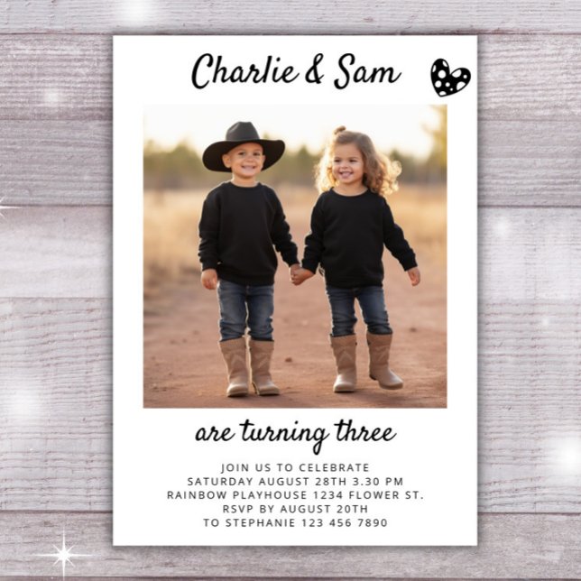 Dual Sibling Portrait Photo Minimal Boho Birthday Invitation (Creator Uploaded)