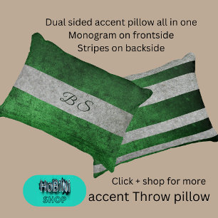 dual sided green grey & monogram & stripes decorative cushion