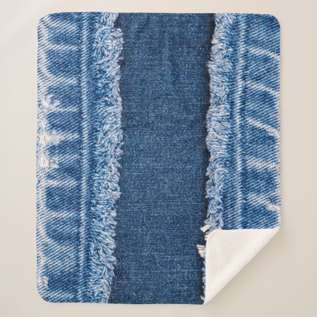 Dual-Tone Bleached Denim Fabric Frame Sherpa Blanket (Front)