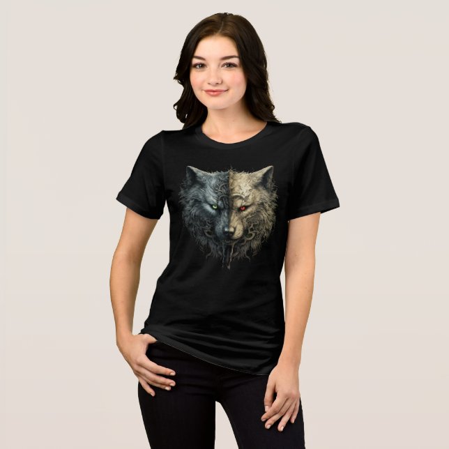 Dual Wolf Spirits – Light & Dark Totem Art Tri-Blend Shirt (Front Full)