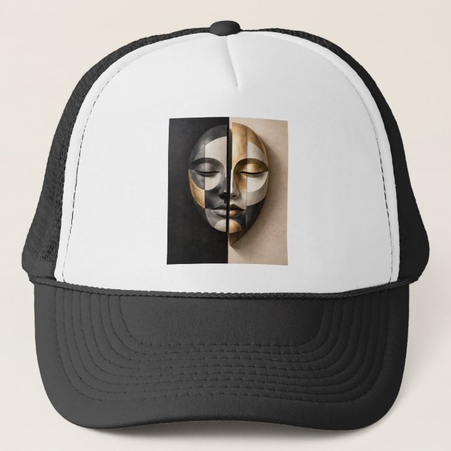 Duality Mask – Modern Geometric Abstract Face Trucker Hat (Front)