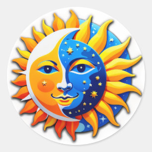 Duality of Day and Night: Sun and Moon Face Classic Round Sticker
