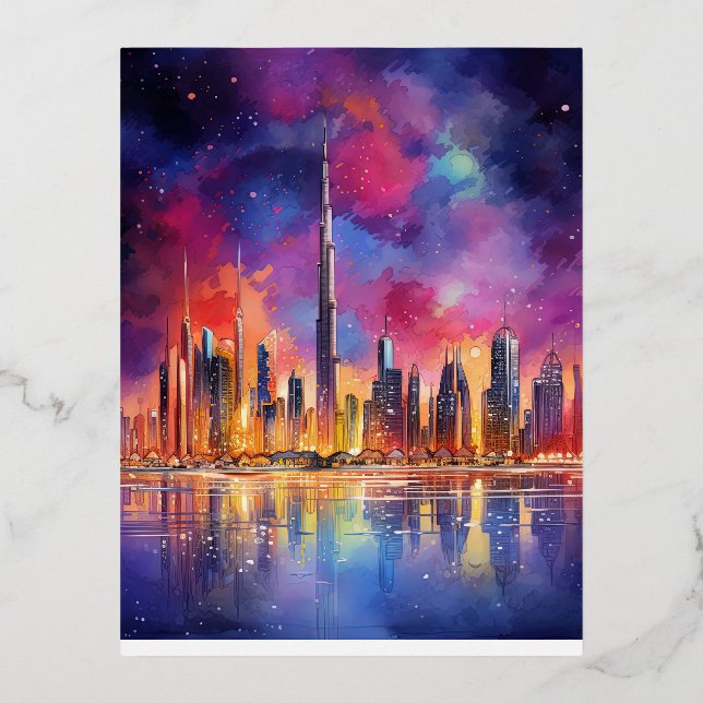 Dubai at Night Abstract Landscape Foil Holiday Postcard (Front)